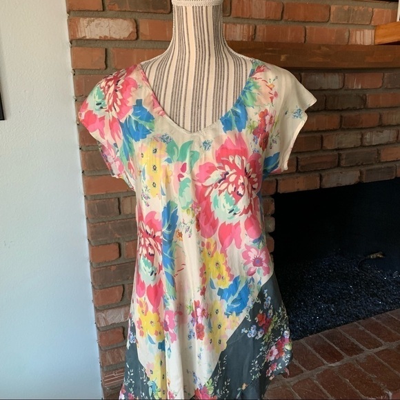 Johnny Was Silk Floral Short Sleeve Asymmetrical Tunic Dress Sz XS - Picture 2 of 8